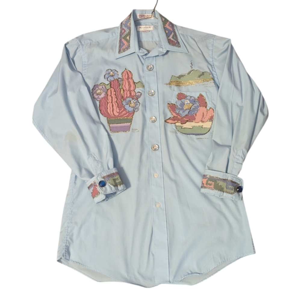 VTG Windridge Western Cactus Appliqued W Blue White Crystal Button Covers Shirt